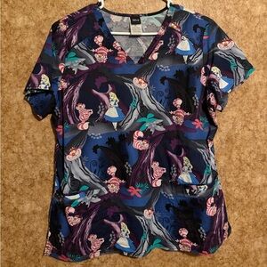 Disney Multicolor Alice in Wonderland V-Neck Short Sleeve Scrub Top